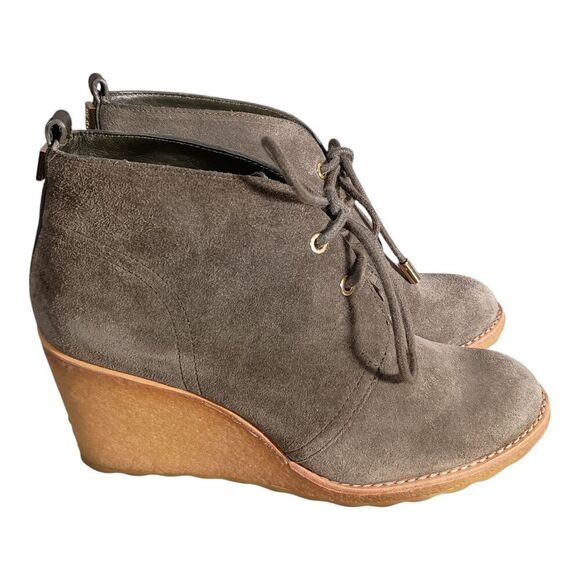Tory Burch Viki Lace Up Wedge Ankle Boots GreyLeather Suede Gold Logo Womens 7 - Picture 4 of 12